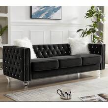 FYLCOUAM Velvet Loveseat Sofa Jeweled Buttons Glitter Jeweled Furniture Decor Tufted Loveseat With Acrylic Crystal Legs And 2 Pillows Modern Furniture For Living Room Bedroom - 黑色 - 查看 7