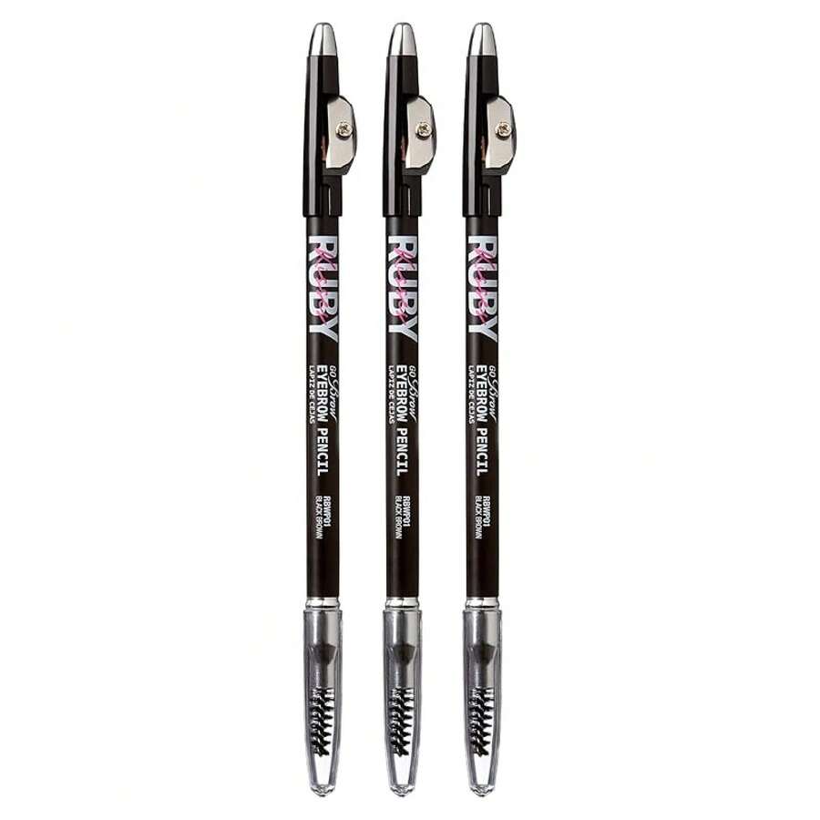 Lápiz de cejas Ruby Kisses GoBrow, de madera, afilable, de larga duración, que crea cejas de aspecto natural. Paquete de 3 (Marrón oscuro) - Marrón negro - Ver 1
