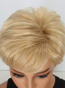 女士假发 8 英寸短发金色直发耐热纤维高密度刘海合成假发适用于日常派对音乐节和狂欢节 - 金色 - 查看 5