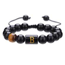 1pc Natural Black Agate 26 Letter Beaded Adjustable Braided Bracelet, Suitable For Various Occasions Like Festivals, Sports, Casual, Business Wear