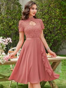 MIUSOL Floral Lace High Neck Side Ruffle Chiffon Cocktail Party Swing Dress - Dusty Pink - View 7