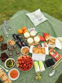 1 pieza Atractiva esterilla rectangular de picnic a cuadros verdes y blancos - Mantel de rayón tejido con bordes de cierre, apto para campamentos, viajes a la playa, fondo fotográfico, accesorio de picnic