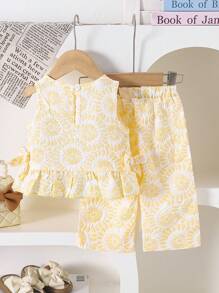 Kleine Mädchen Lässig Vintage Jacquard strukturierte Weste mit Schleifendekor und Hose Set, bequem