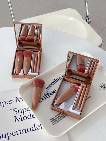 1pc Portable Makeup Brush Set With Mirror, 5pcs Makeup Brushes Travel Kit With Mirror, Powder Brush, Foundation Brush, Eyeshadow Brush, Makeup Tools
