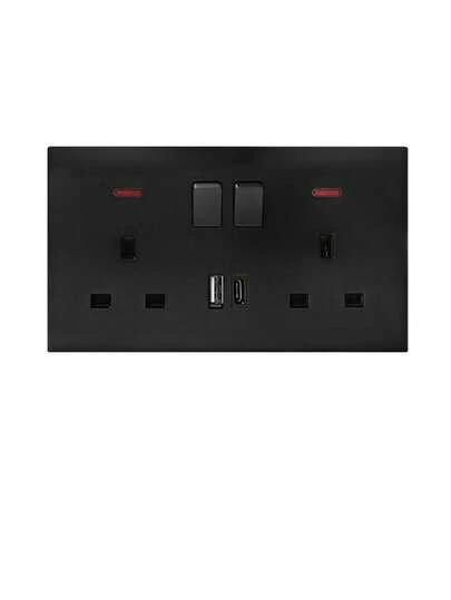 Double Wall Plug Socket 2 Gang 13A W/2 Charger USB+PD Ports Outlets Flat Plate 25W