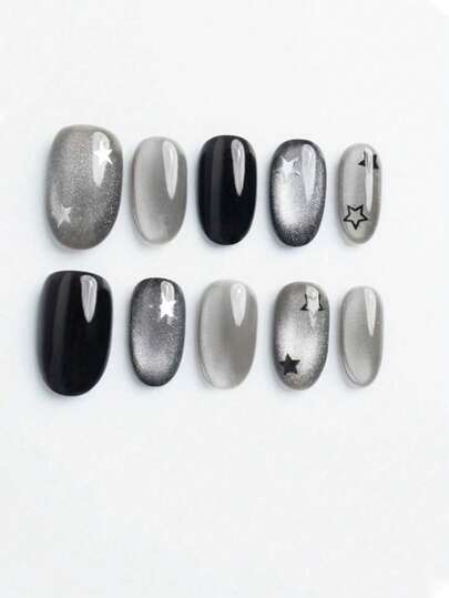 10件纯手工美甲，椭圆形美甲，黑色和银色猫眼设计美甲，星星图案甜美风格美甲，优雅简约的四季美甲，简约美甲，派对约会美甲，可拆卸可重复使用，日常美甲。按压式美甲，美甲用品，美甲