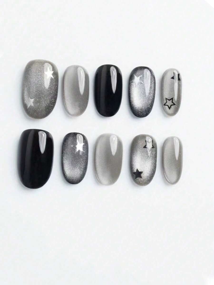 10件纯手工美甲，椭圆形美甲，黑色和银色猫眼设计美甲，星星图案甜美风格美甲，优雅简约的四季美甲，简约美甲，派对约会美甲，可拆卸可重复使用，日常美甲。按压式美甲，美甲用品，美甲