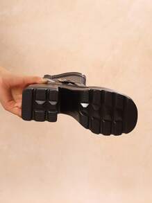Women's Solid Color Fashion Sandals, Ankle Strap Flat Soft Sole Backless Shoes, Open Toe Block Heel