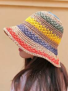 1 pièce Chapeau seau en paille rayé bicolore pour femmes, adapté pour le port quotidien, les sorties d'été et les vacances pour la protection solaire Boho