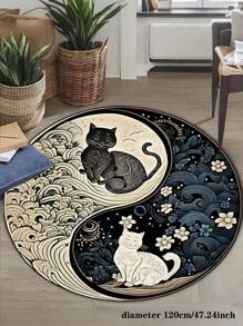 1pc Tai Chi Style Carpet, Black Cat And White Cat Pattern Large Carpet, Circular Floor Mat, Patterned Carpet, Area Carpet, Anti Slip Mat, Living Room Carpet, Bedroom Carpet, Entrance Carpet