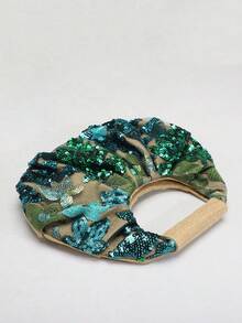 Geantă de plajă pliabilă, colorată, cu model floral, frunze și nori, din PVC, cu paiete și plasă, model patchwork (model floral trimis aleatoriu) - Verde - Vizualizare 7