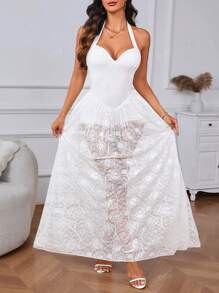 Elegant V-Neck Lace Patchwork Open Back Halter Bodysuit Dress