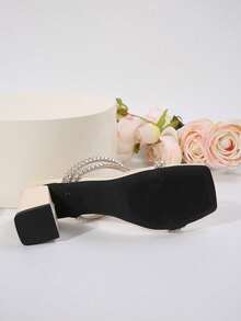 Fairy Style Square Toe Chunky Heel Sandals For Women, Multi-Strap Rhinestone Decoration High Heels, Fashion Versatile Suitable For Date, Shopping, Party, Gathering, Commuting, Business - Beige - View 9