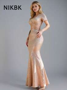 NIKBK Herbstkleidung in Große Größen oder Elegantes Damen Herbst Kleid mit funkelnden Pailletten, V-Ausschnitt, geraffter Taille und fließendem, körperbetontem Kurzarm-Boden-Länge Abendkleid für Proms