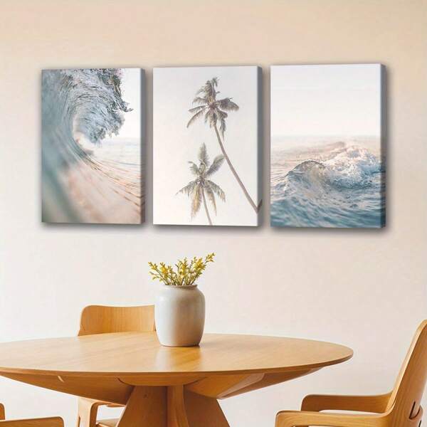 3pcs Wooden Framed Canvas, Wave And Palm Art Poster, Fantasy Decorations, Frame Painting, Modern Art, Canvas, Perfect Gift For Friends And Family, Home, Room Mural, Office, For Living Room, Bedroom Wall Decor, HD, 8K, Odorless, Waterpro