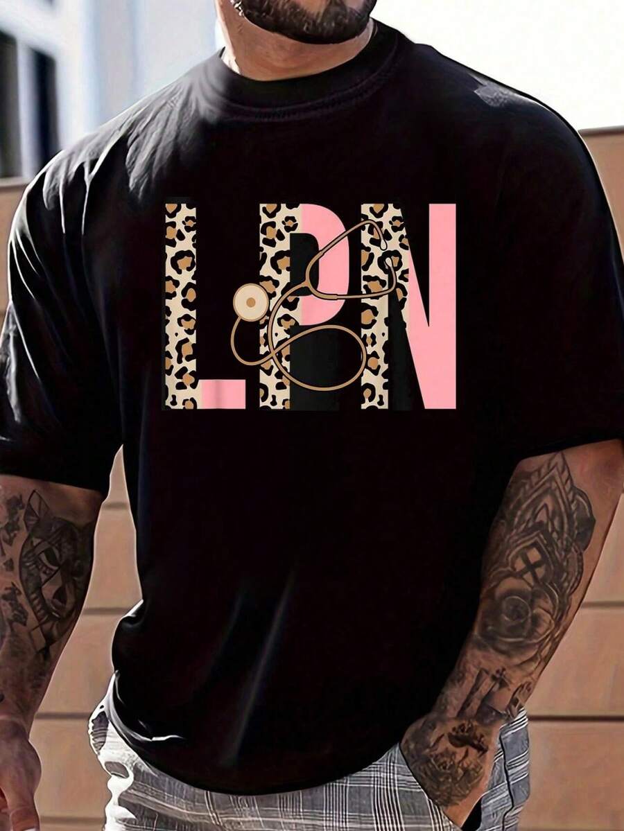 100% Cotton LPN - Leopard Licensed Practical Nurse LPN T-Shirt Women's Men's Graphic Tee Causal Tops Fashion Tshirt Short Sleeve T-Shirt - 黑色 - 查看 1