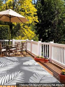 Outdoor Waterproof Plastic Woven Rug - 150x240cm Waterproof Reversible Patio Mat, Modern Carpet Suitable For Deck, Beach, RV, Camping, Patio, Garden, Picnic, Back To School - Gray Leaves (without Ground Spikes and Carrying Bag) - View 9