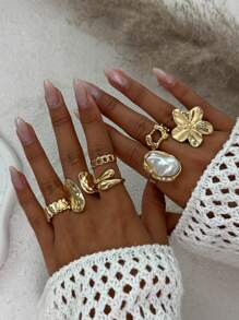 6pcs/7pcs Set Vintage Geometric Flower Embellished Ringed Jewelry Set, Luxury Casual Everyday Rings For Women, Couples, Holidays, Birthdays, Versatile Accessory Gift