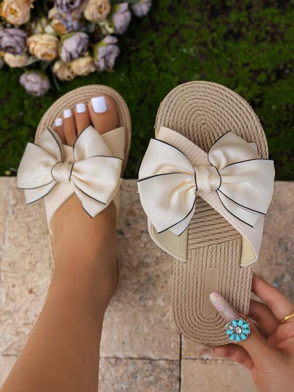 Women's Bowknot Sandals, Cross Strap Slides, Outdoor Beach Holiday Shoes, Bohemian Style Rope Bottom Slip-On
