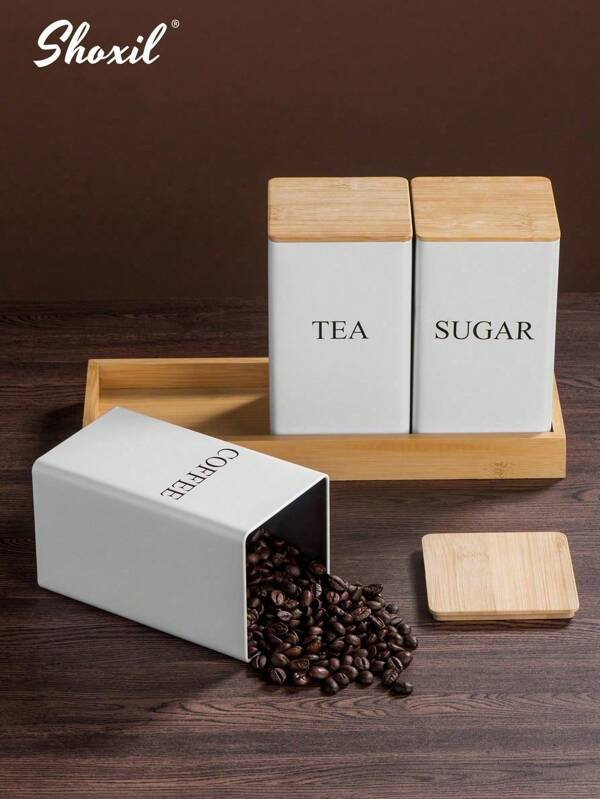 shoxil 3 Stücke Kaffee-, Tee- und Zuckerdosen-Set für die Küchenarbeitsplatte, Metalldosen mit luftdichtem Bambusdeckel, Kaffeedose, Zuckerdose, Teedose, Kaffee-, Tee- und Zuckerbehälter-Set, quadratische Küchenbehälter zur Aufbewahrung von Lebensmitteln