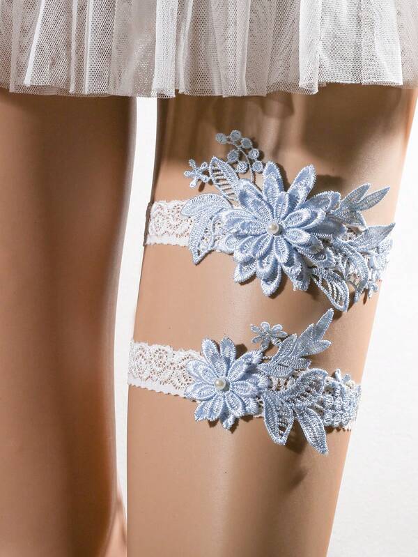 2pcs/Set White Lace & Blue Faux Pearl Floral Romantic Wedding Bride Bridesmaid Sexy Garter Thigh Chain Suit