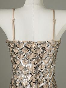 Women's Evening Party Dress, Mesh & Sequin, Zipper Back, Detachable Shoulder Strap, With Bust Pad - Apricot - View 7