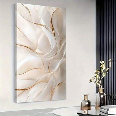 1 幅带框白色和金色抽象帆布墙面艺术 - 现代奢华丝绸印花，金色边缘，优雅流畅的设计，适合客厅、卧室或办公室装饰，是家居造型、美学房间装饰的理想礼物
