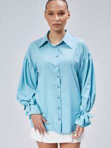 Women's Solid Color Drop Shoulder Long Sleeve Elegant Single-Breasted Summer Shirt - Teal Blue - View 4