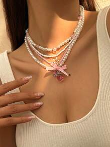 4pcs/Set Handmade Beaded Necklace Set For Women, Elegant Fashion Choker, Kawaii Party Flower Star Bow Pendant, Faux Pearl Bead, Minimalist Jewelry, Gift For Girlfriend