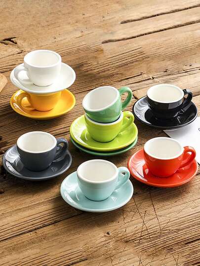 1 set (1 taza + 1 platillo) Taza de espresso y platillo de cerámica coloridos, tamaño estándar clásico de 75ml, adecuados para americano, arte latte, leche para el desayuno, taza de agua para parejas, uso en cafeterías/hoteles