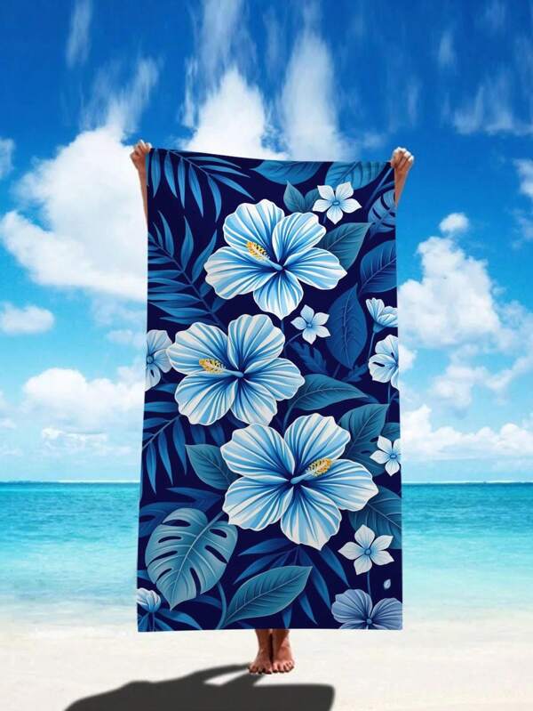 SRH 1pc Blue Floral Pattern Microfiber Beach Towel, Multi-Size, Quick Dry, Super Absorbent, Soft & Lightweight, Suitable For Women & Teens, Beach, Pool, Vacation, Wedding & Graduation GiftTravel Essentials Travel Accessories Beach Essentials
