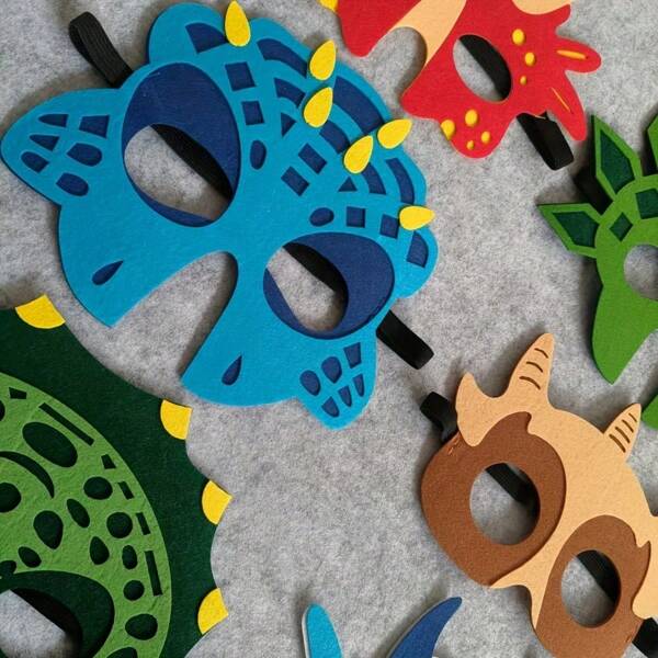 12pcs Dinosaur Felt Face Masks Set - Soft, Adjustable And Fun, Great Party Decor And Memorable Gift For Birthday, Christmas, Halloween, Thanksgiving