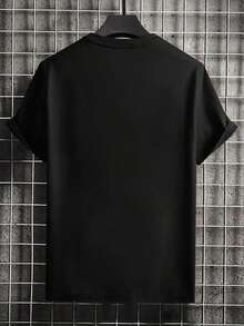 Camiseta casual de manga corta con cuello redondo y estampado de letras, ajuste slim para hombre, verano - Negro - Ver 2