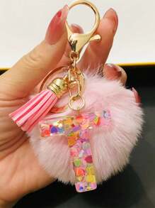 1 Pç Chaveiro de Pelúcia com Letra Inicial do Alfabeto, Chaveiro de Pelúcia com Pompom, Pingente para Bolsa, Mochila, Pingente para Carro, Presente para Mulheres e Meninas, Chaveiro de Resina com Lantejoulas, Acessórios para Carteira e Bolsa, Chaveiro com Borlas, Letra Inicial do Alfabeto A-Y, Escola
