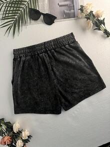 Quần short nữ mùa hè kiểu dáng thường ngày, có dây rút ở eo và túi. - màu đen - Xem 2