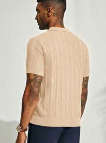 Men's Navy Blue Short - Sleeve Knitted Polo Shirt - Vertical Ribbed Pattern - Comfortable And Stylish For Daily And Smart - Casual Wear