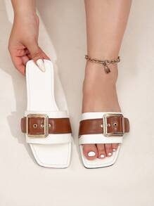 Wide Fit Metal Buckle Strap Decor Holiday Style Plus Size Women Flat Sandals