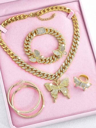 蝴蝶链首饰套装，包含链项链、水钻蝴蝶吊坠项链、水钻蝴蝶手链、大耳环、闪亮耳环、戒指套装、闪亮派对配饰