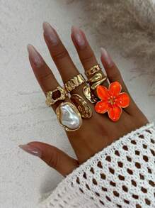 6pcs/7pcs Set Vintage Geometric Flower Embellished Ringed Jewelry Set, Luxury Casual Everyday Rings For Women, Couples, Holidays, Birthdays, Versatile Accessory Gift