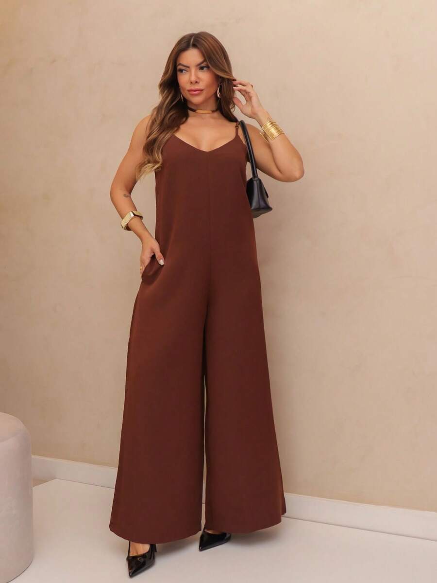 Women's Jumpsuit With Suspenders And Side Pockets, Casual Solid Color Jumpsuit, Elegant Jumpsuit, Tailored Women's Jumpsuit, Women's Suit Pants, Elegant Women's Jumpsuit - 鏽棕色 - 查看 1