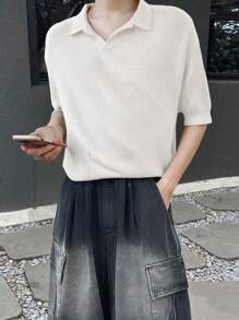 Unisex Spring/Summer Loose Casual Polo Collar Knit Short Sleeve Top, Simple Design, Business/Retro Style, Europe/Asia