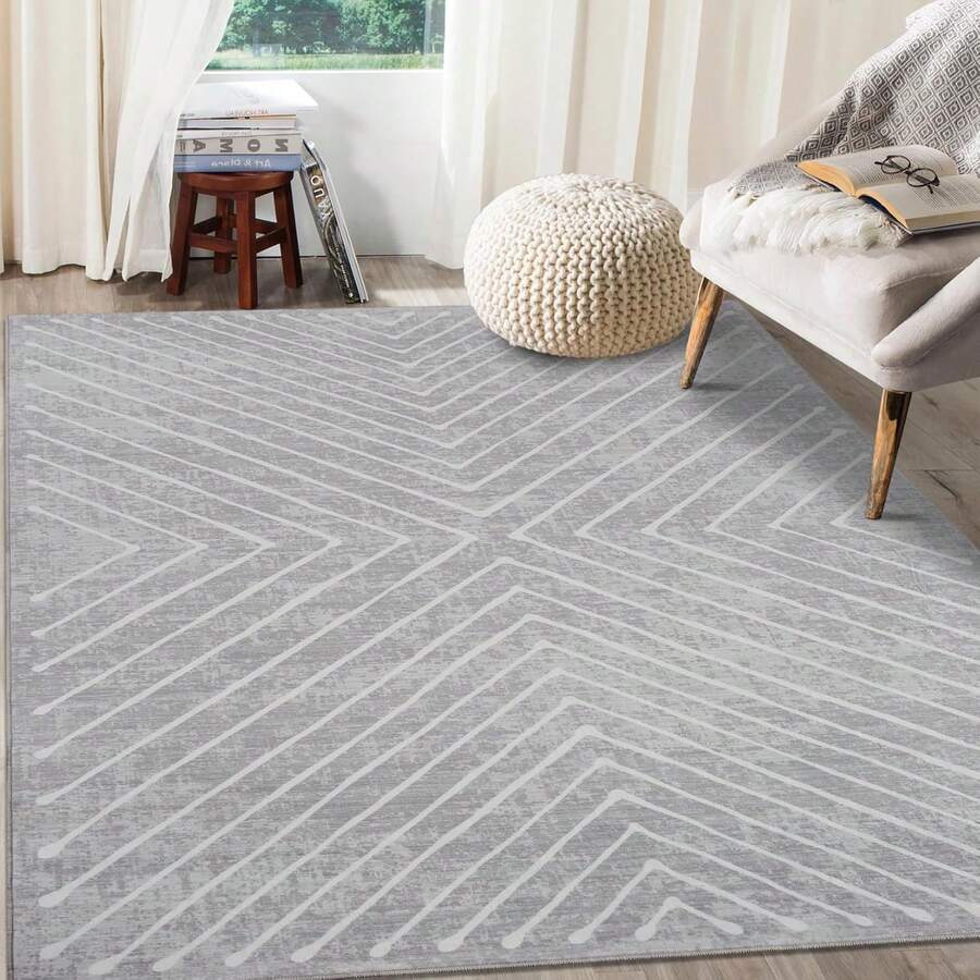 2*6 Ft/4*6 Ft/5*7 Ft/8*10 Ft/9*12 Ft/10*13 Ft Washable Living Room Rug Modern Geometric Stripe Area Rug Stain Resistant Easy Cleaning Indoor Carpet With Non-Slip Backing Low Pile Floor Cover For Bedroom Office Dining Room