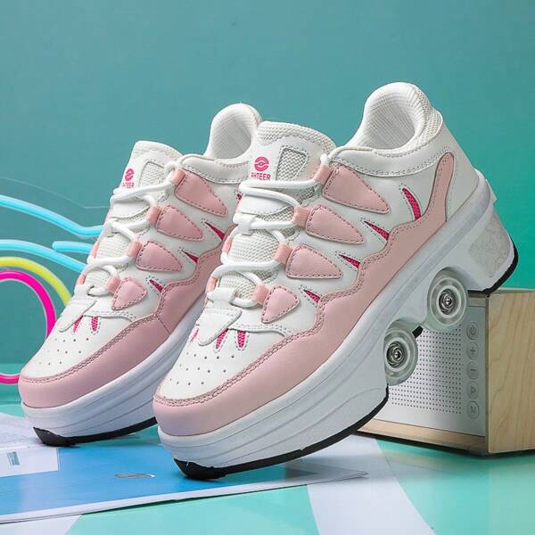 1 par de zapatos para patinar en línea con estilo deportivo y duraderos para adolescentes niños/niñas, con costuras en colores de contraste, rosa PU transpirable de caña baja para deportes al aire libre