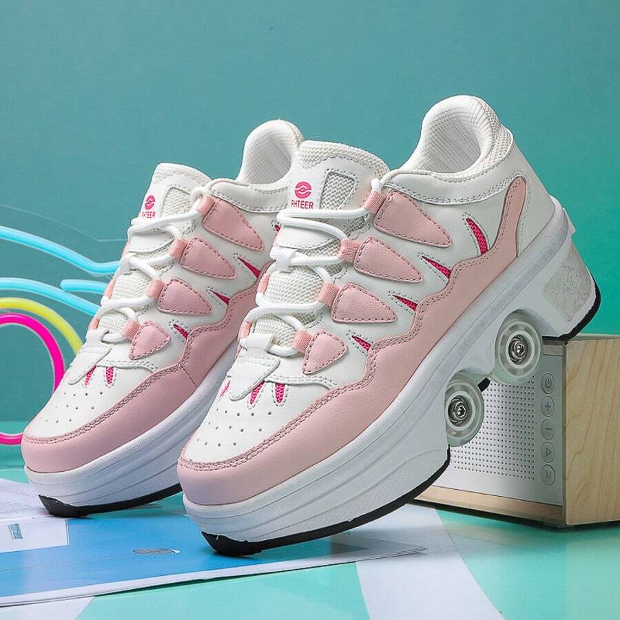 1 par de zapatos para patinar en línea con estilo deportivo y duraderos para adolescentes niños/niñas, con costuras en colores de contraste, rosa PU transpirable de caña baja para deportes al aire libre