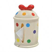 1PC Cute Bow Polka Dot Tissue Box Holder, Round Plastic Multifunctional Dispenser For Living Room And Dining Table Decor, Modern Home Accessory, Dining Table Accessory | Decorative Tissue Box | Plastic Construction, Tissue Box Holder