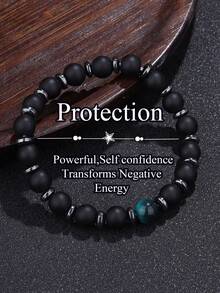 男士串珠力量手链 - 8毫米哑光缟玛瑙搭配蓝虎纹和赤铁矿，增强自信，强力保护，释放负能量，男女皆宜的灵性瑜伽冥想饰品 - 彩色 - 查看 1