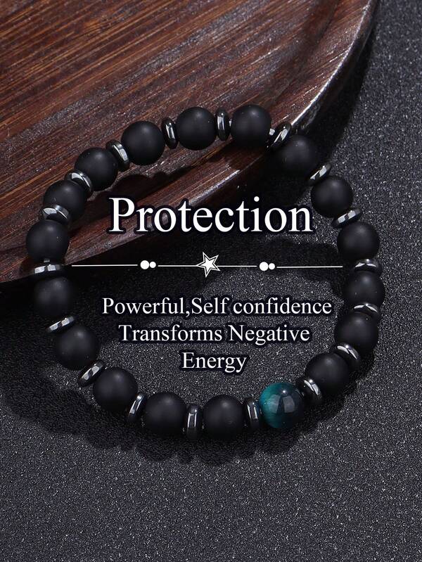 Pulsera de fuerza con cuentas para hombres - Ónix mate de 8 mm con pulsera de confianza de tigre azul y hematita, protección poderosa, liberación de energía negativa, joyería espiritual de yoga y meditación para mujeres y hombres