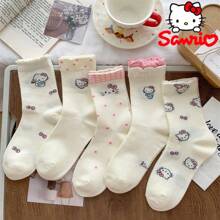 Sanrio 1Pair Sanrio Hello Kitty Mid-Calf Crew Summer Socks Women Socks Flounced Hem Seamless Toe & Breathable Ribbed Texture - Spring/Summer Collegiate Style Socks For School Outfits, Cute Gift With Greeting Card For Birthdays/Valentine's Day