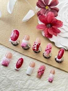 10 Peças de Unhas Feitas à Mão, Design de Efeito Tie Dye 3D, Linhas Desenhadas à Mão, Contas, Flores Entalhadas, Tipo Caixão são Clássicos Feitos à Mão por Mulheres e Meninas, com 1 Peça de Gel e 1 Peça de Lixa Anexadas.