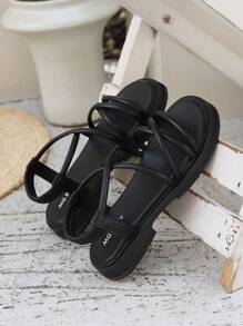 Girls' Korean Style Versatile PU Leather Roman Sandals, New Soft Bottom Fashion Open Toe Anti-Slip Beach Shoes, Suitable For Summer